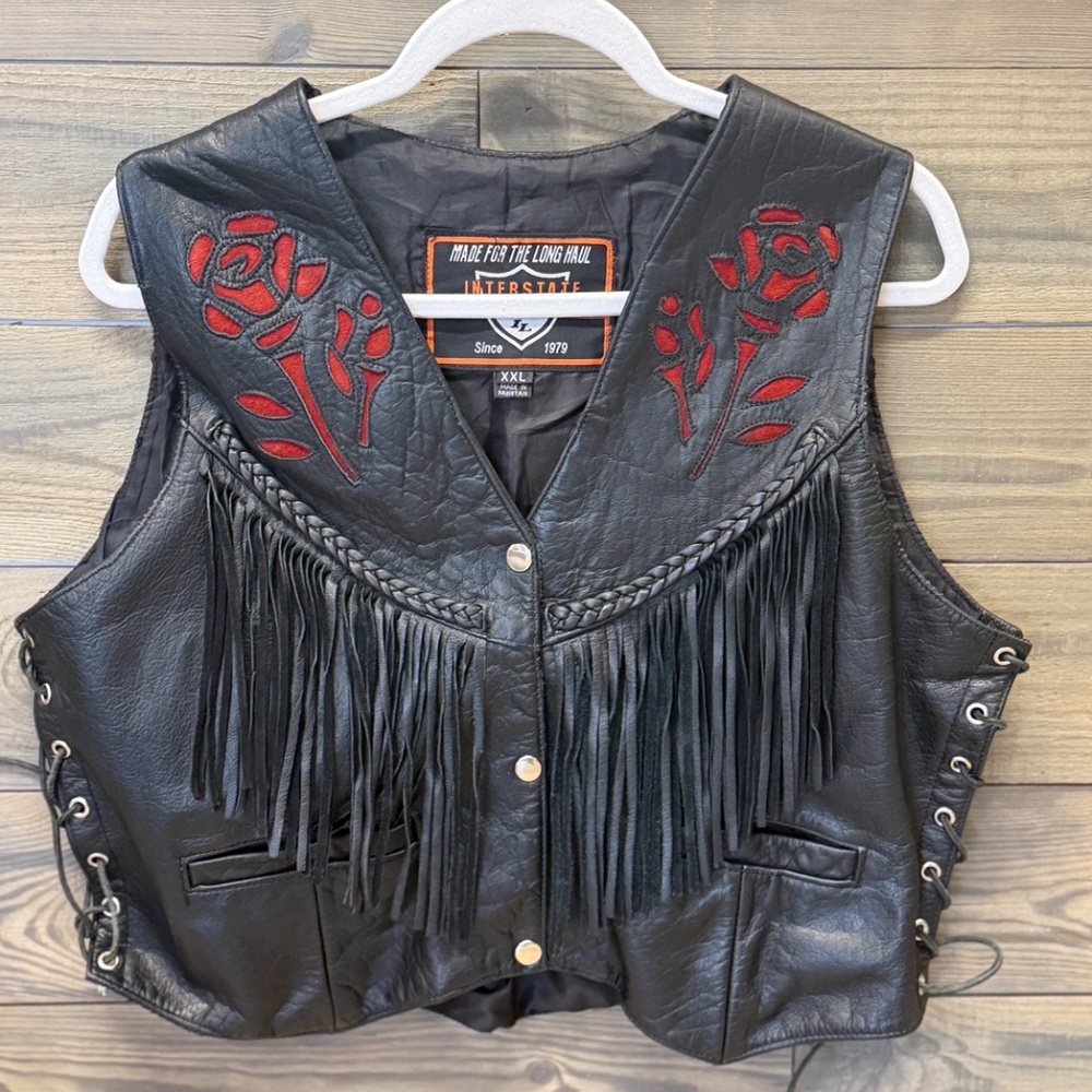 Interstate Leather Black Leather Fringe‎ Vest with Red Roses Sz XXL